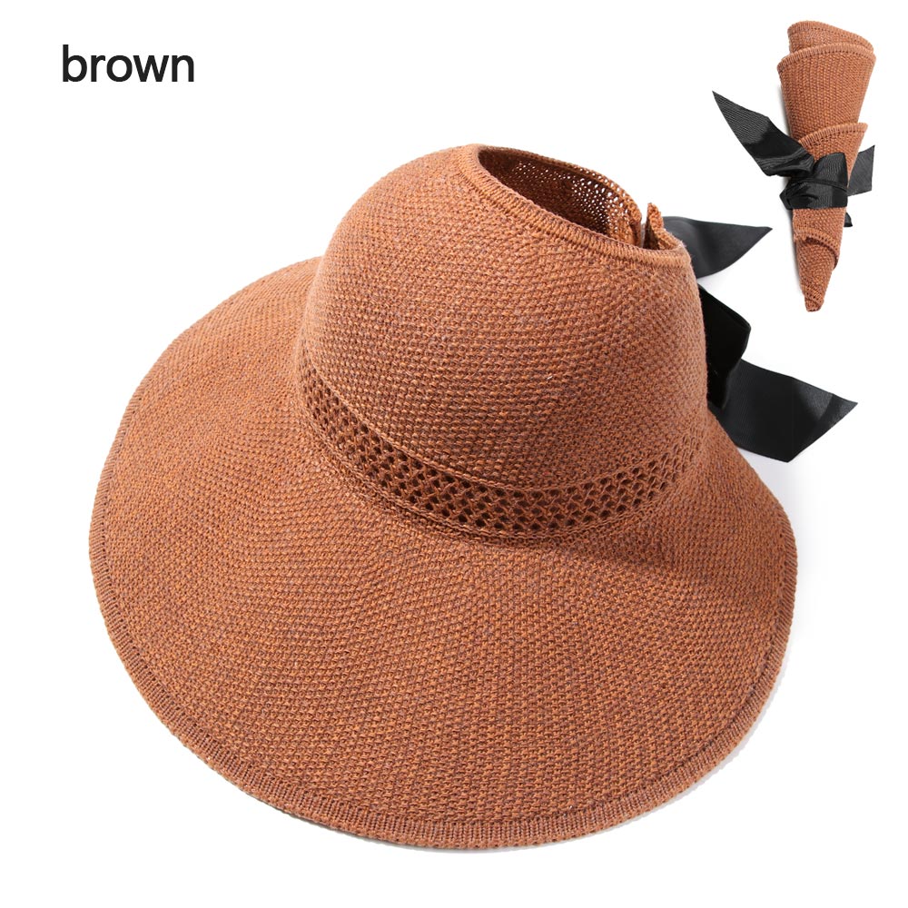 Cappello da spiaggia pieghevole portatile 2021 nuovo cappello da sole a tesa larga Bowknot visiera Casual estiva con cappuccio in paglia per cappello da donna con secchiello: brown(62cm)