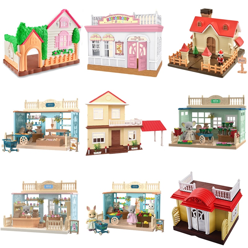 1/12 Forest Animal Family Wing Christmas House Ice Cream Bread Flower Fruit Shop Bunny Dollhouse Girl Play House Toy