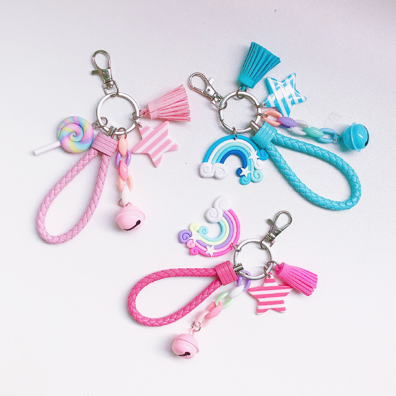 Porte-clés arc-en-ciel mignon, bracelet en cuir, corde tressée, pompon, pour femmes et filles, cloche étoile, sucette, accessoires de sac,
