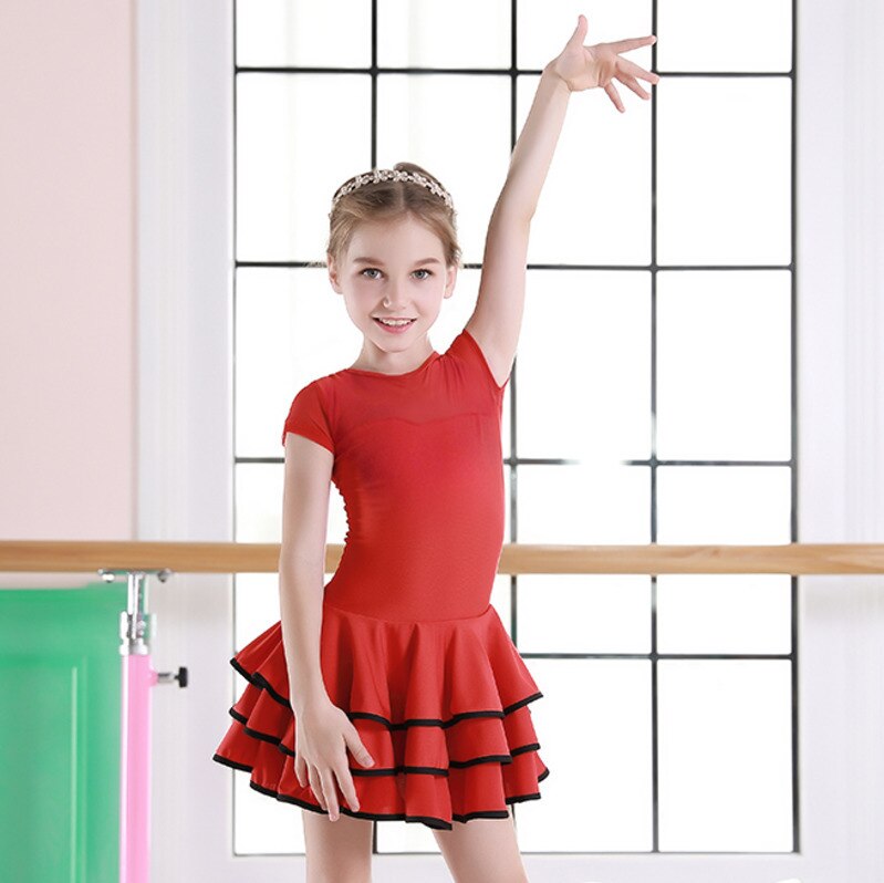 red ruffle ballroom latin dance dress girls kids competition children salsa tango rumba samba performance dancing practice skirt