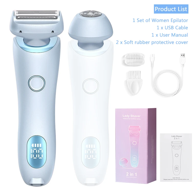 2-in-1 elektrischer Epilierer, Rasierer, wasserdicht, Doppelkopf, elektrischer Epilierer für Frauen, wiederaufladbarer Gesichtsepilierer, Körper-Epilierer: Blau