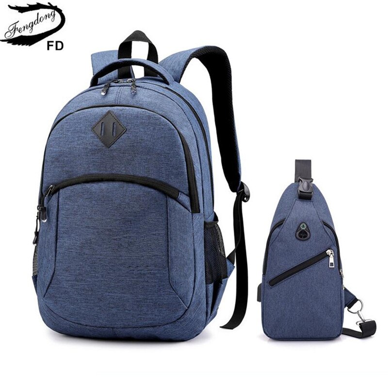 Fengdong sacs d'école pour garçons étudiant étanche 15.6 pouces sac à dos pour ordinateur portable école sacs à dos pour adolescents fronde poitrine sac ensemble: blue