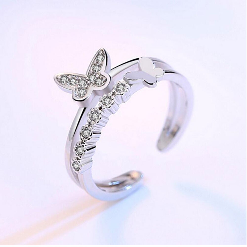 Anenjery nouvelle couleur argent bague de mariage pour les femmes papillon Zircon anneau d'ouverture saint valentin S-R132