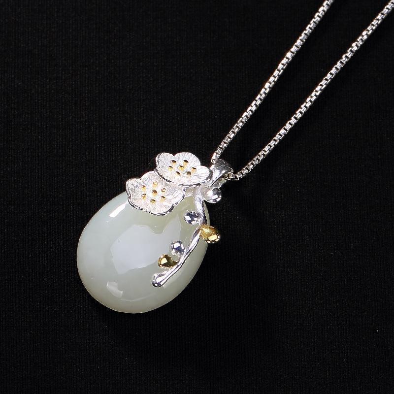 Original S925 Sterling Silver Inlaid Natural Hetian Jade White Jade Plum Blossom Lady High-End All-Match Pendant Fidelity