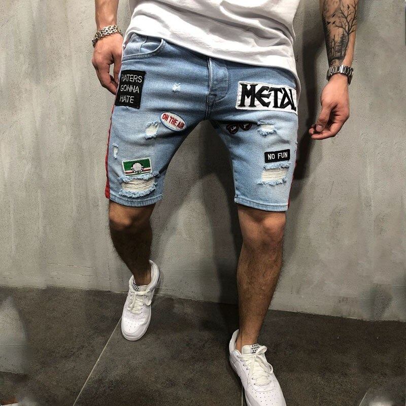 Broderi herr hål shorts jeans hip hop jeansshorts smala män jean