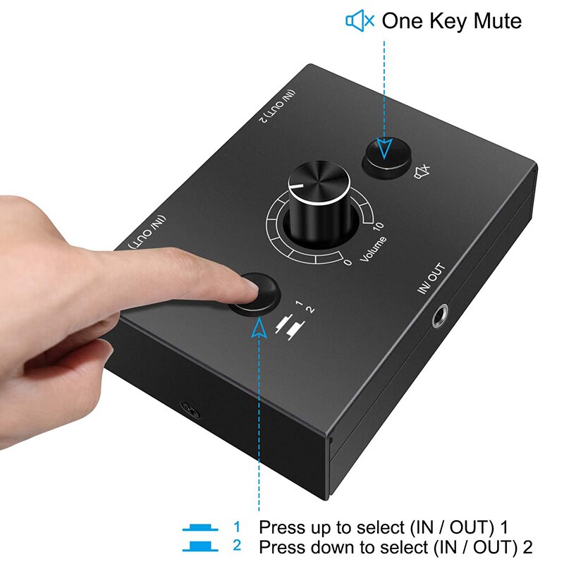 3.5mm Audio Switcher, 2 Input 1 Output/1 Input 2 Output Audio Splitter Switcher, Audio Switcher Box, One-Key Mute Button