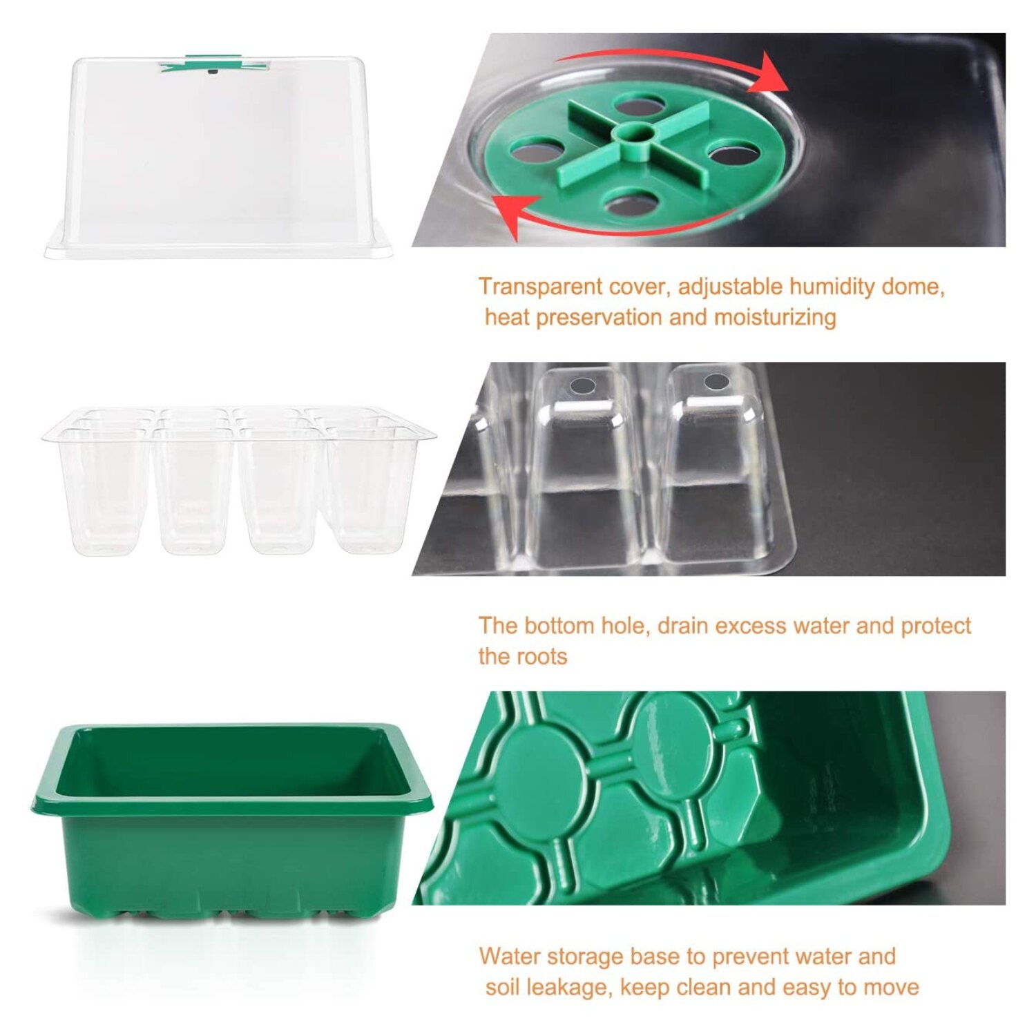 12 Cells Seed Starter Kit Plant Seeds Grow Box cSeedling Trays Germination Box with Humidity Dome and Base for Greenhouse