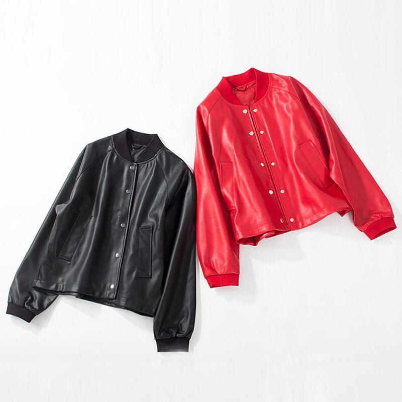 Chaqueta de cuero sintético para mujer, abrigo corto de piel sintética suave, negro y rojo, chaqueta de motorista con cremallera, holgado de talla grande, prendas de vestir, otoño
