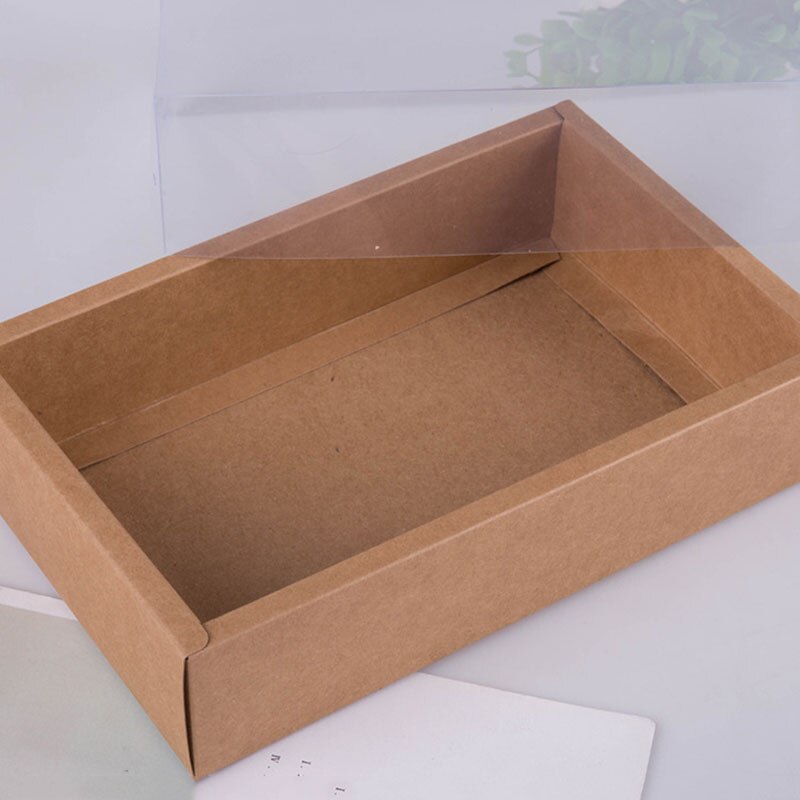 10 Uds caja de de Kraft ventana PVC transparente Galleta de macarrón caramelo pastel caja de embalaje con tapa transparente de Navidad Favor de Partido de la boda