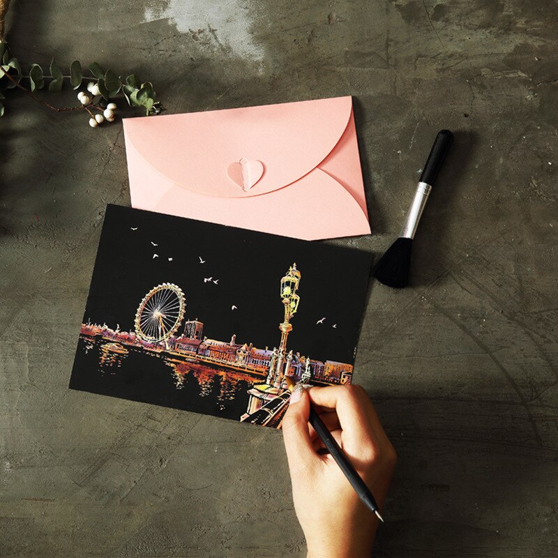 Postkaart Stad Nacht Scène Krassen Tekening Papier Kleine Kleurrijke Kras Schilderen Set Creatieve