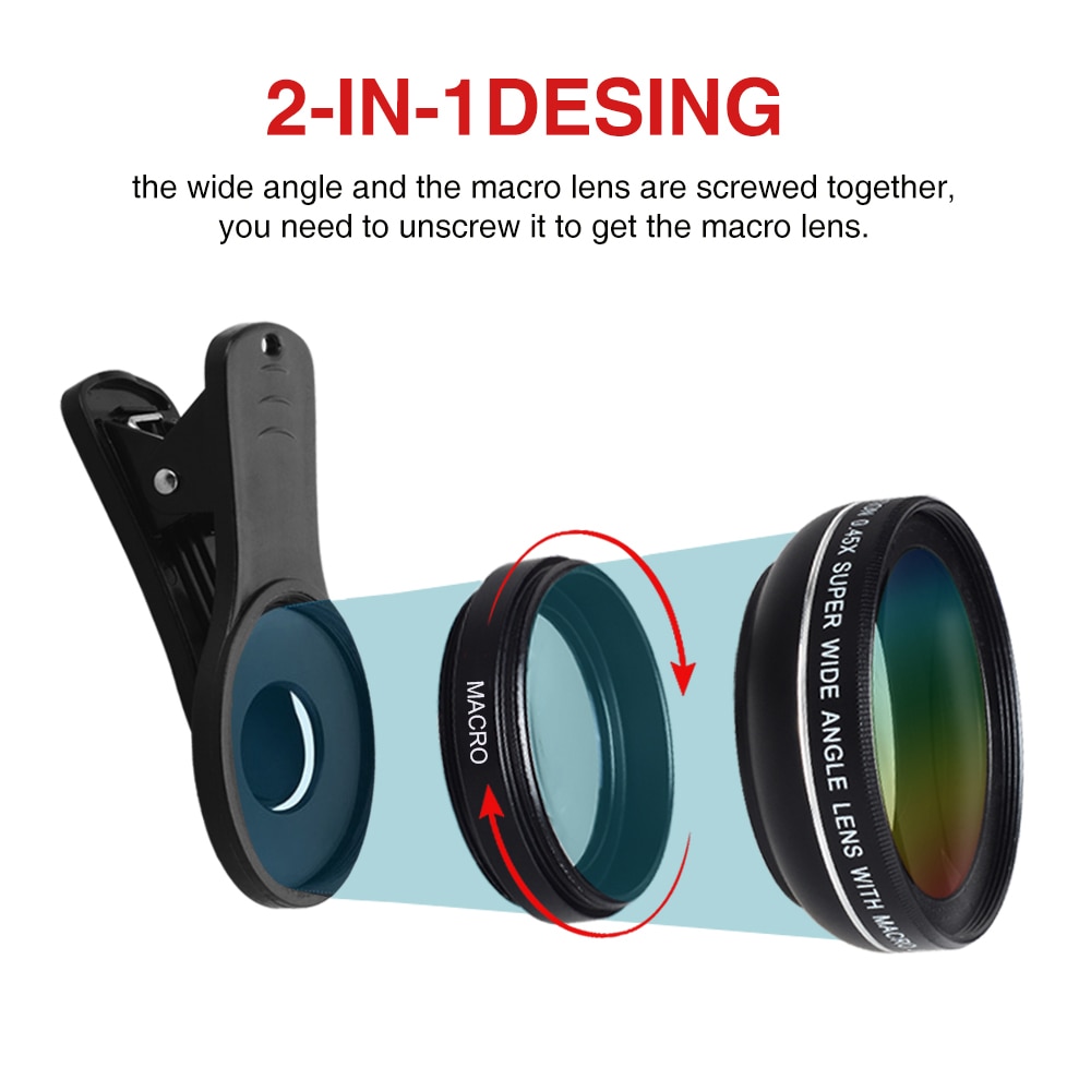 2 In 1 Telefoon Lens 0.45X Groothoek Macro Fisheye Lens Voor Iphone Samsung Xiaomi Telefoon Camera Lens Kits Met clip Fish Eye Lens