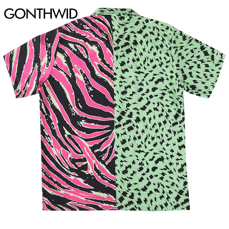 Gonthwide zebra striber leopard prikker print farve blok patchwork lomme korte ærmer hawaiian skjorter sommer casual knap toppe