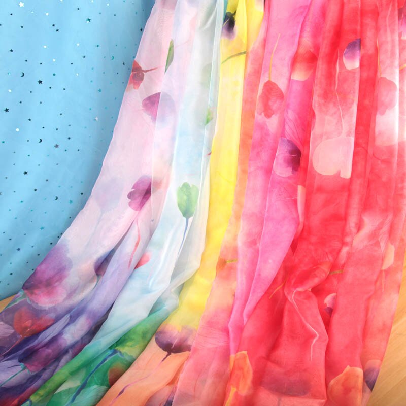 30D Gedrukt Chiffon Jurk Stof Tencel Chiffon Dunne Vloeiende Beach Rok Zonnebrandcrème Sjaal Stadium Cosplay Tulip Flower print