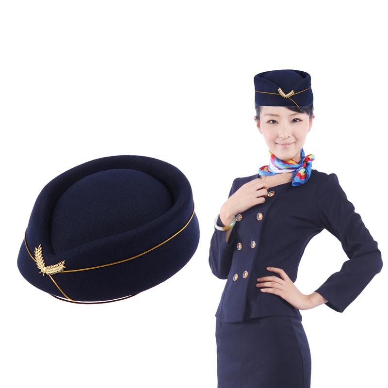 Women Air Stewardess Hat Woolen Flight Attendant Hat Stewardess Cap for Costume Cosplay Musical Performance - Size M(Navy Blue)