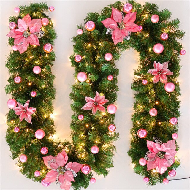 2.7M Christmas Rattan Artificial Garland Home Decor Wreath Decorative Green Christmas Garland Artificial Xmas Tree Decoration: pink / Without LED