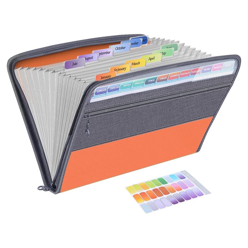 13 Pocket File Folder Storage Rack,File Box Storage Bag,with Zipper, Suitable for A4 Paper, Banknotes,Document Receipt: Orange