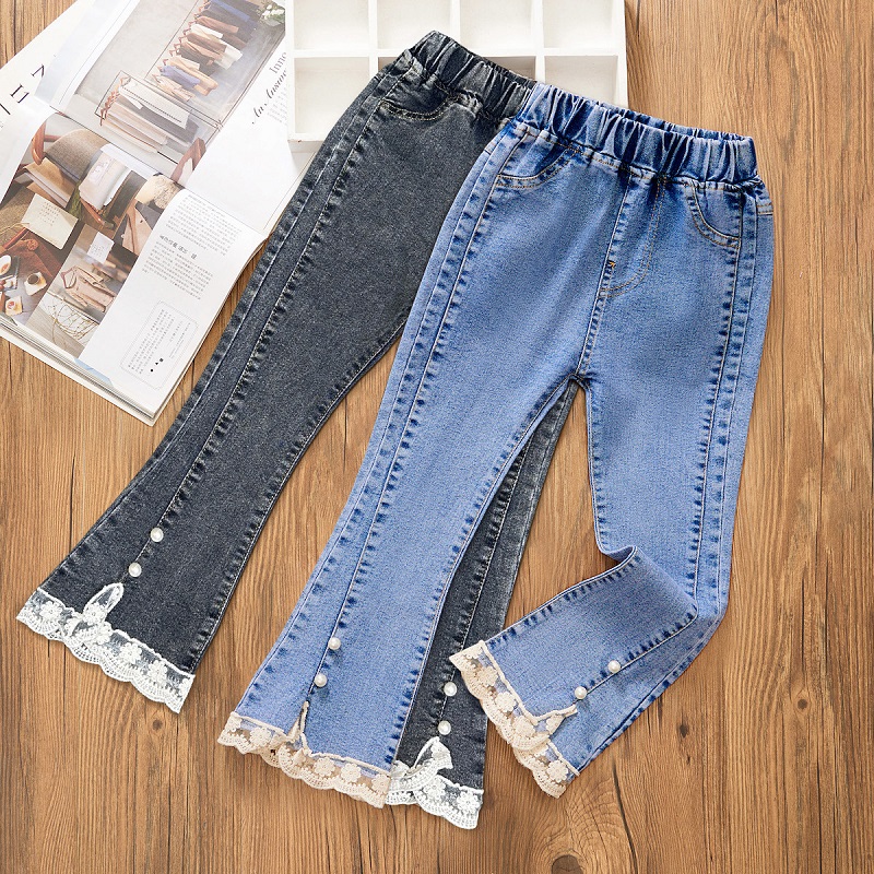 Jeans pour filles printemps et automne décontracté 3-12 ans pantalons évasés amples pour enfants dentelle perle pantalons en Denim pour filles