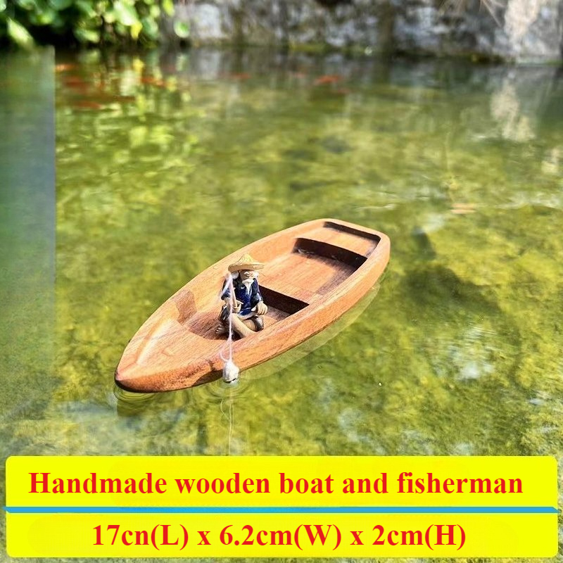 Handgemaakte houten boot decoratie mini drijvende boot model landschapsarchitectuur vissersboot aquarium vijver decoratie aquarium accessoires: Bruin