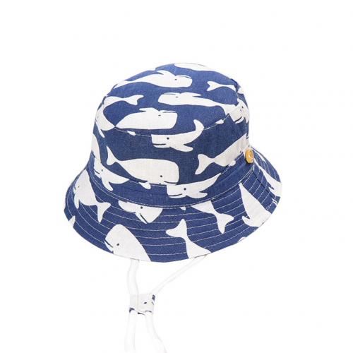 Sommer babyhat til piger drenge børn spandehat børn tegneserie dyreprint bred skygge anti-uv fiskerhat hagestrop spandhætte: Mørkeblå hval / S