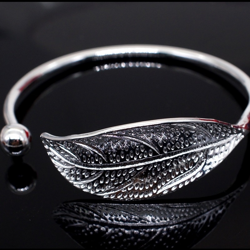 OMHXZJ Europese Mode Vrouw Meisje Party Wedding Leaf Open 925 Sterling Zilveren Manchet Bangle BA14