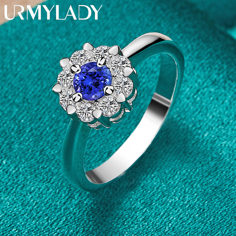 URMYLADY Fiore in argento sterling 925 con zirconi blu 7-10 # Anello per gioielli di moda per feste di fidanzamento e matrimonio da donna