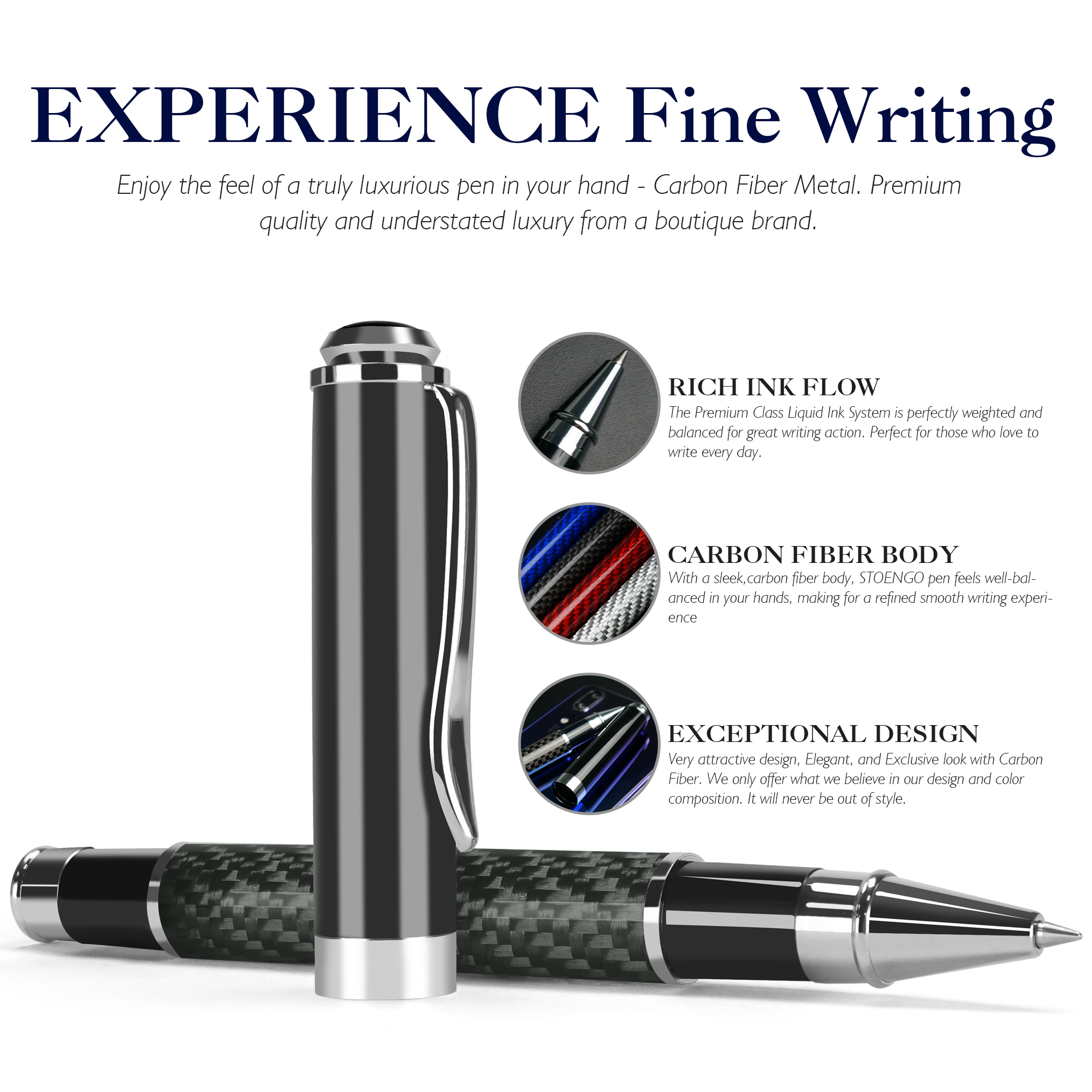 STONEGO stylo Signature en Fiber de carbone, stylos à encre Gel en métal de supérieure Micro Point 0.5mm stylo à bille d'écriture lisse à encre noire