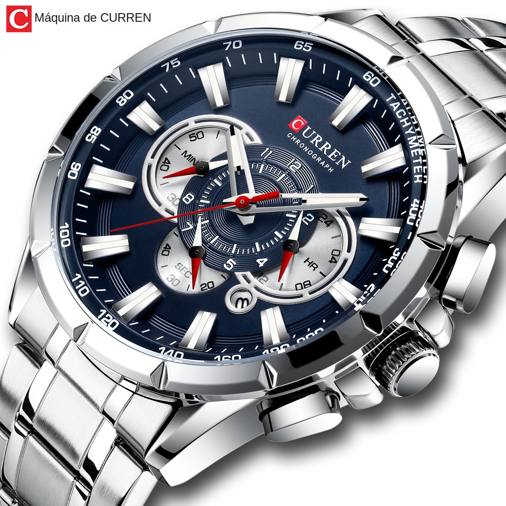 CURREN Casual Sport Chronograaf Heren Horloges Roestvrij Stalen Band Horloge Grote Wijzerplaat Quartz Klok met Lichtgevende Pointers