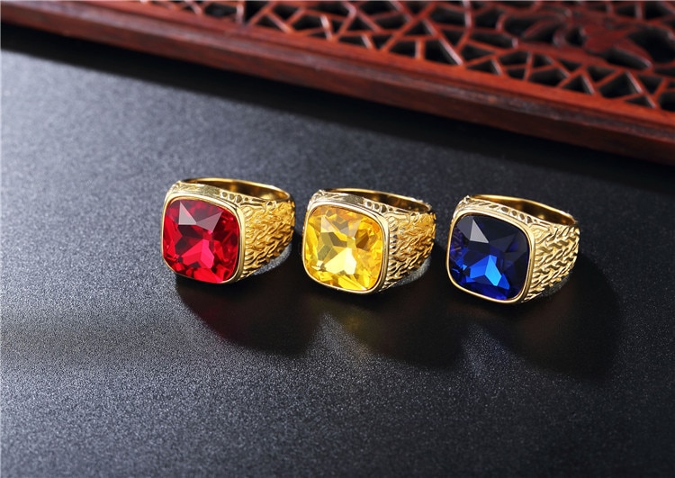 Anillo con piedra azul grande, amarilla y roja para hombre, anillo de acero inoxidable con tono dorado, joyería Tribal masculina