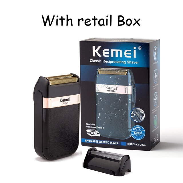 Kemei KM-2024 Electric Shaver for Men Twin Blade Waterproof Reciprocating Cordless Razor USB Rechargeable Shaving Machine: With box