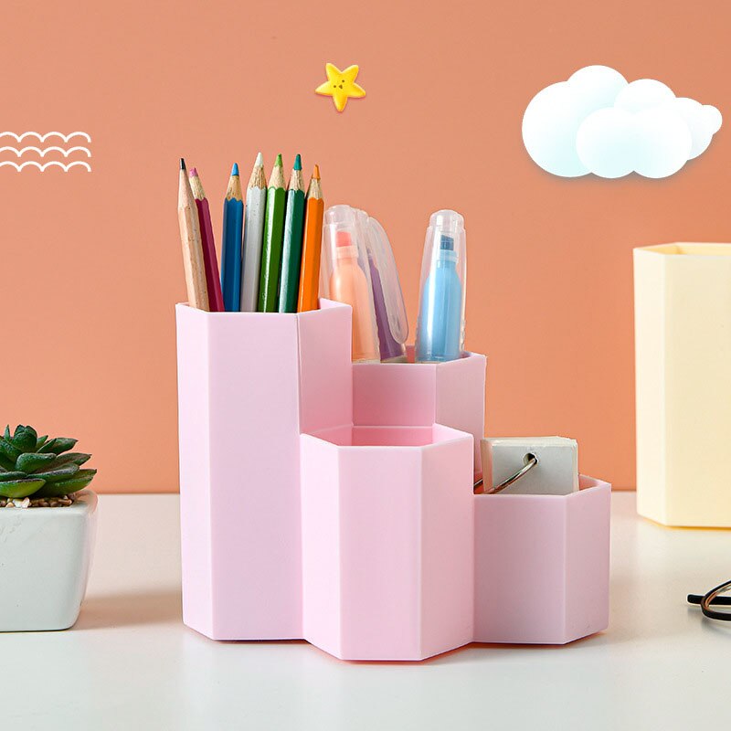 Home Office Pen Holder Storage Box Desk Accessories Stationery Organizer Storage Containers Student Hexagonal Pencil Box
