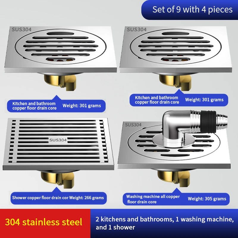 304 scarico a pavimento in acciaio inox addensato deodorante bagno bagno fogna lavatrice tutto rame scarico a pavimento universale: Marrone