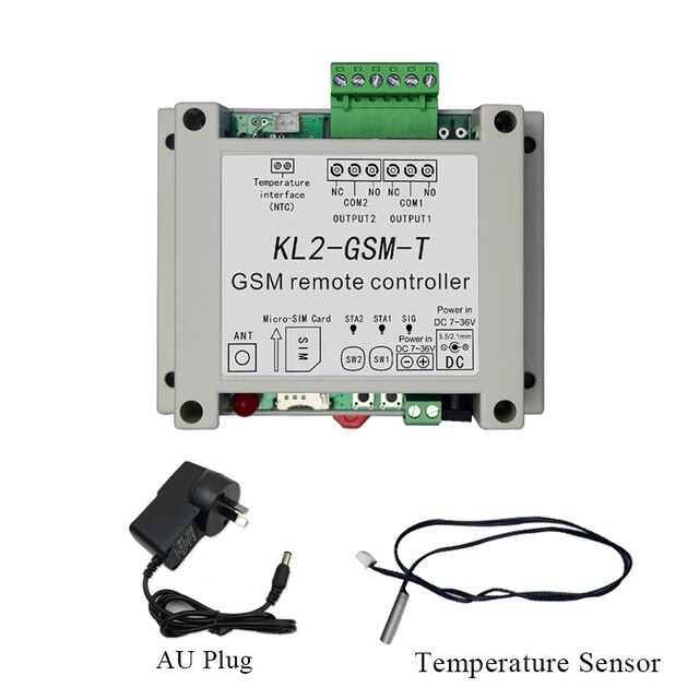 DC12V 2 Kanaals Relais Uitgang Gsm Afstandsbediening Schakelaar KL2-GSM-T Met 1Meter Temperatuur Sensor: AU plug