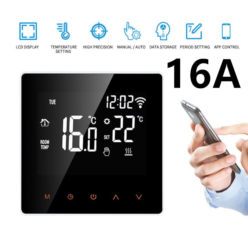 Smart wifi termostat elektrisk gulvvarme vand/gasfyr berøringsafbryder temperaturregulator arbejde med google home alexa: 16a