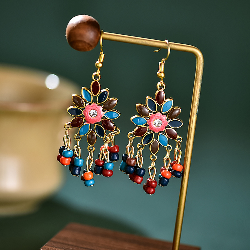 Bohemian Ethnic Flower Ladies Earrings for Women Boho Vintage Alloy Carved Beads Tassel Dangle Earrings Indian Jewelry
