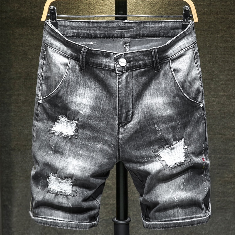 NOVEDAD DE VERANO en pantalones vaqueros cortos rasgados para hombre, pantalones cortos de tela vaquera elásticos gris ajustados informales a la , ropa de para hombre