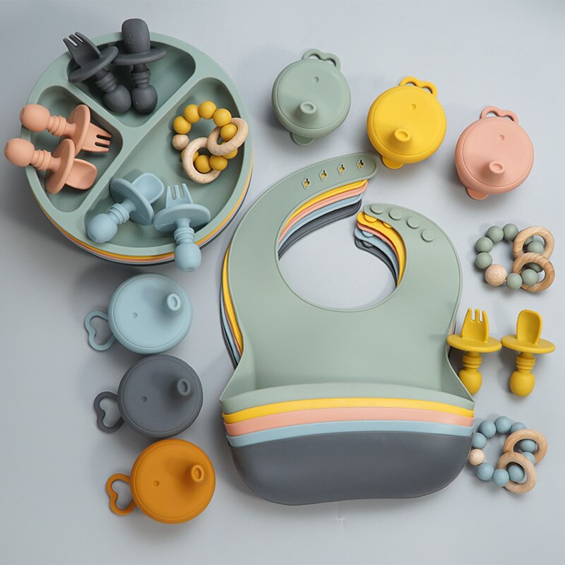 BPA FREI Lebensmittel Klasse Baby Silikon Geschirr Lätzchen Gabel Löffel Gerichte Platte Schüssel Wasserdicht Tragbaren Abendessen einstellen für Art freundlicher
