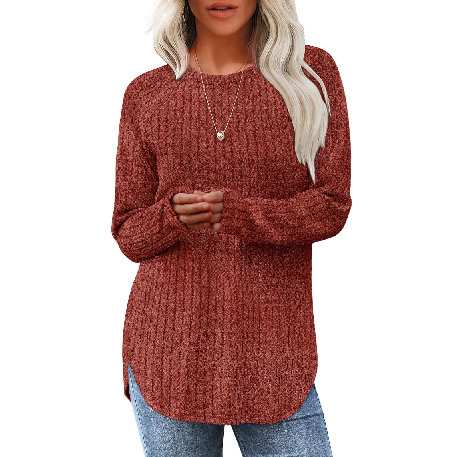 Sweat-shirts pour femmes à manches longues col rond pull décontracté solide tunique hauts femmes sweats femmes vêtements d'hiver liquidation: L / Orange