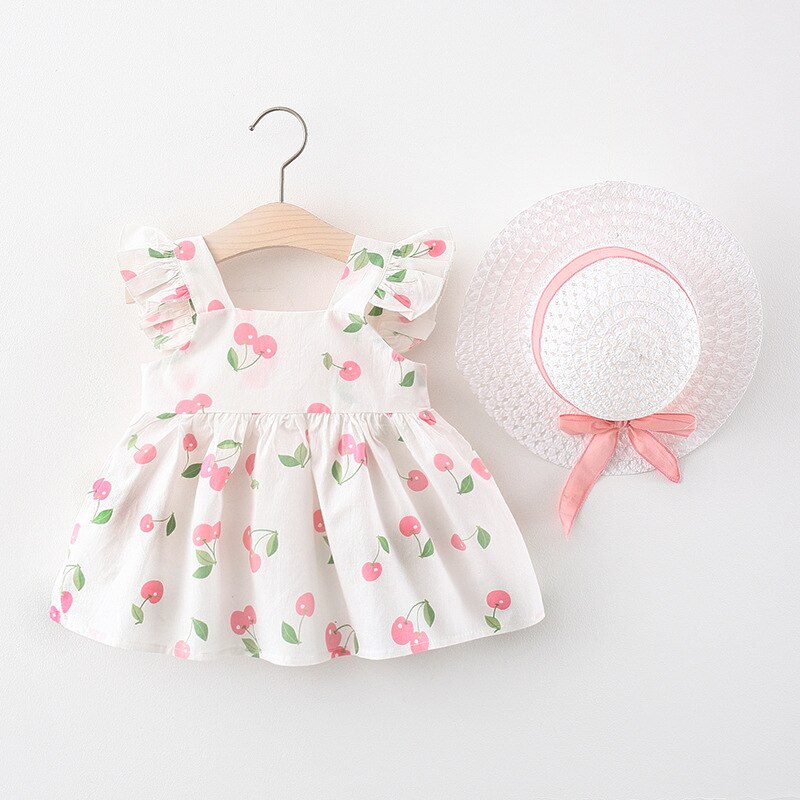 Cherry Baby Girls Dress With Hat Cotton Toddler Girls Casual Outfit 2 colori abbigliamento per bambini: pink / 90(24M)