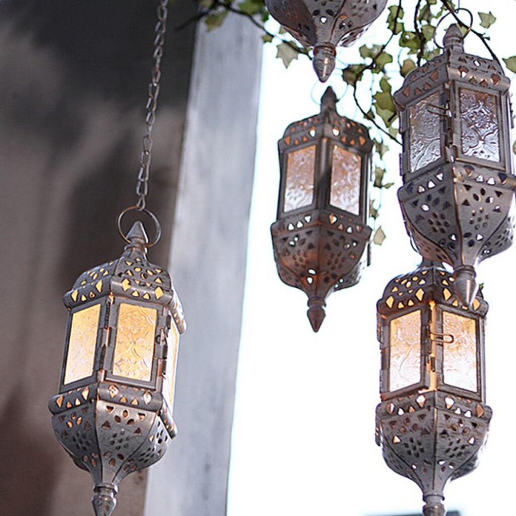 Retro Metal Hanging Candle Lantern Chandelier Moroccan Hollow , 9x9x24cm/3.54x3.54x9.45inch