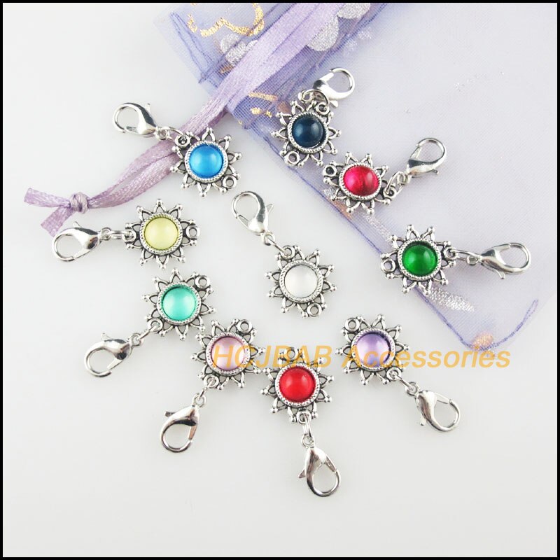 10Pcs Tibetaans Zilveren Tone Zon Bloem Frame Gemengde Resin Charms Hangers Met Karabijnsluiting 14Mm