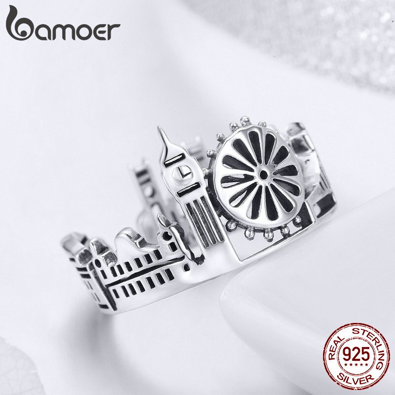 BAMOER 925 Sterling Silver London City Finger Ring British Building Rings for Women Cocktail Wedding Jewelry SCR474