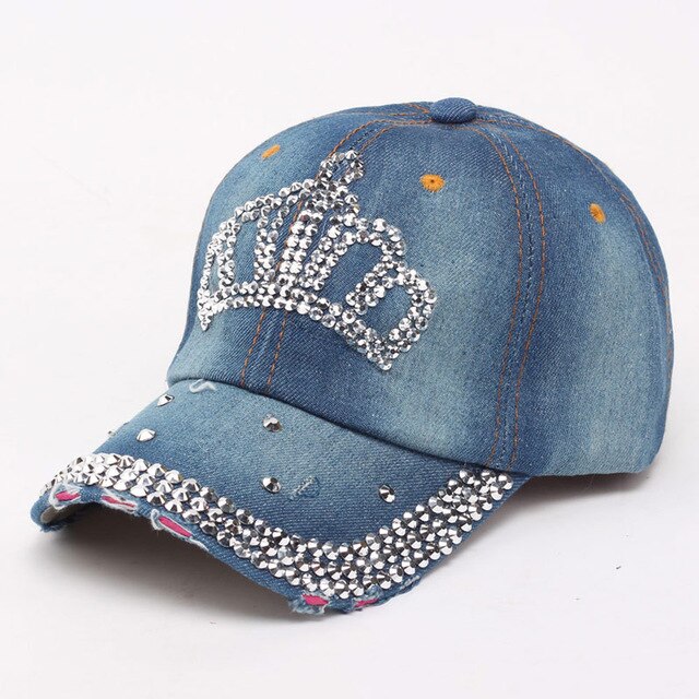 Dam baseballkeps bling stars strass jeanskeps justerbar rem jean snapback hatt nödställd brätte: I