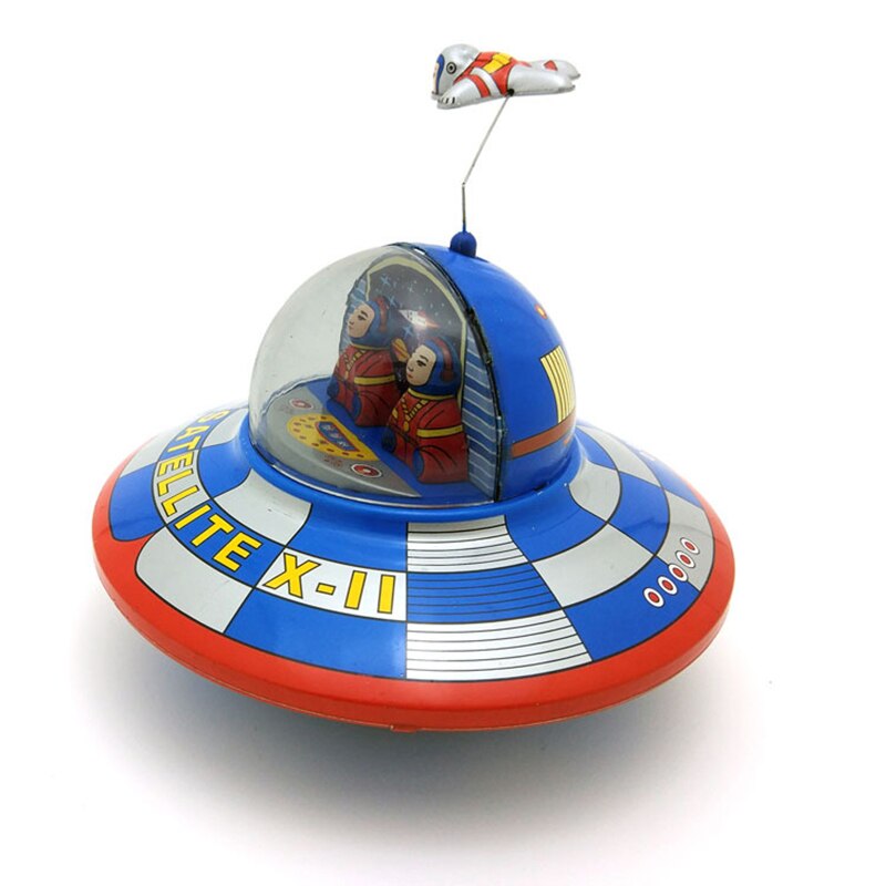 Clockwork Windup Flying Saucer Space Ship Retro Tin Toy Home Decoration LBV