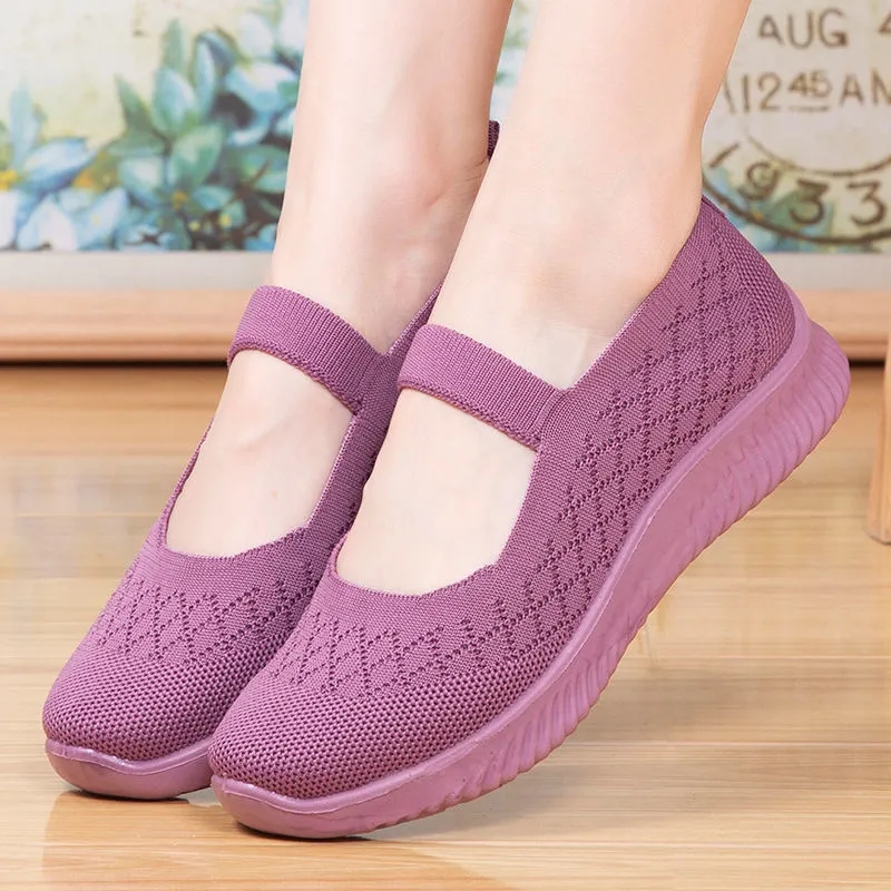 Moda antiderrapante sapatos de avó para mulher confortável verão malha mary jane sapatos mom plus size 41 cunhas femininas apartamentos mocassins