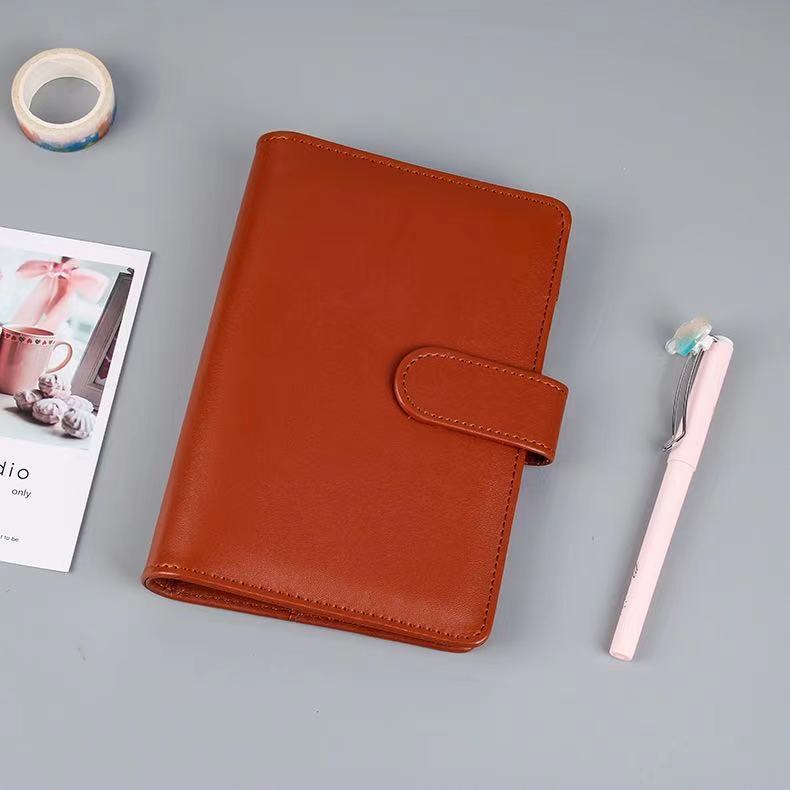 A6 Leather Notebook Binder with Plastic Binder Pockets, Refillable 6 Round Ring A6 Personal Planner Binder Cover with Stickers: brown