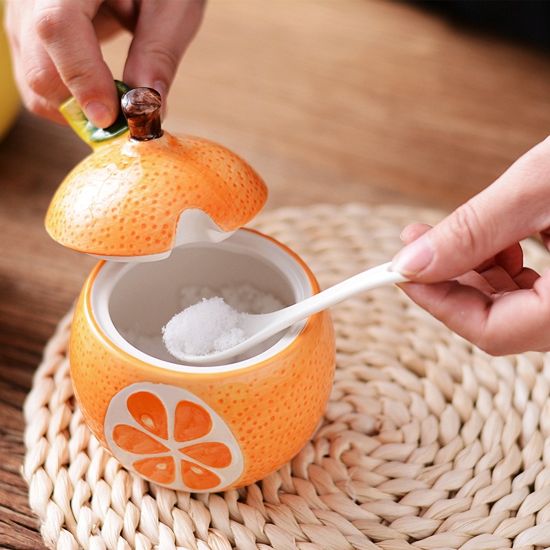 Cute Fruit Pomegranate Shape Condiment Bottle Ceramic Seasoning Bottle Jar with Cover Spoon Flavouring Container