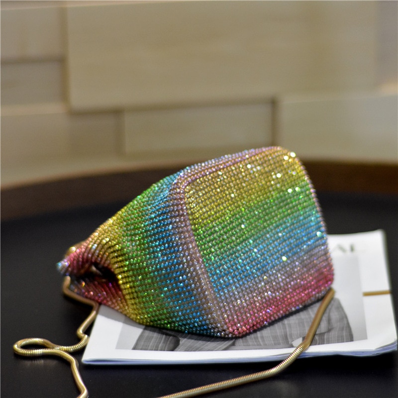 Crystal Bucket Bag for Women Multicolor Rhinestone rainbow Beaded Ladies Handbag Luxury Shoulder Bag