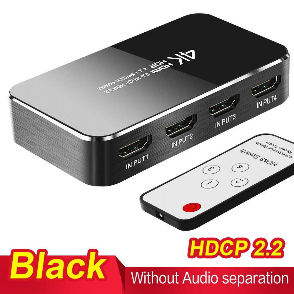 Hdmi Switch 2.0 4K 60Hz Hdr Hdmi Splitter Schakelaar 4 In 1 Out Hdmi Switcher Audio Extractor Arc & Ir Control Voor PS3 PS4 Hdtv: Without audio-Black