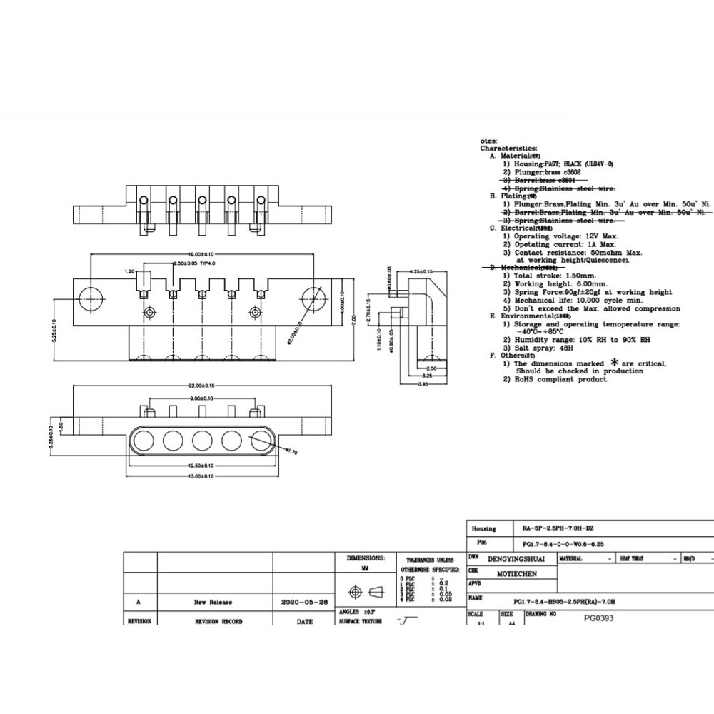 1-3Pair Spring Loaded Connector Pogo Pin 5 Pin 2.54 mm Pitch Through Holes PCB Vertical With Flange Panel Mount Single Row Strip