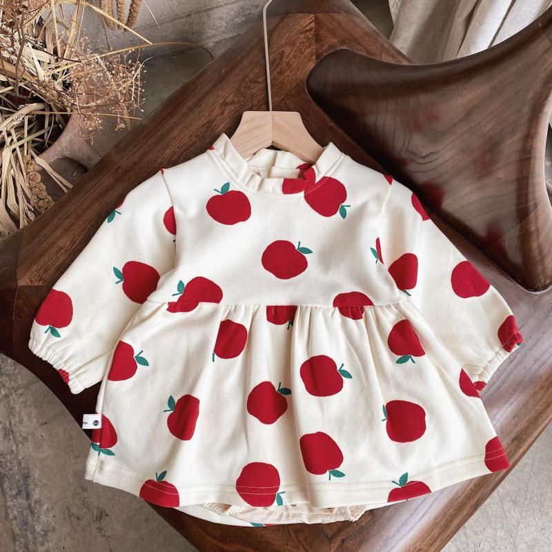 Herfst kinderkleding voor meisjes, schattige baby bodysuit met appelprint, katoenen jumpsuit met lange mouwen voor meisjes, outfits 0-24m